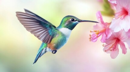 Fototapeta premium Close-up of a vibrant hummingbird hovering over a flower.