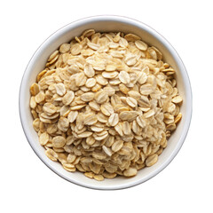 Oat flakes on white bowl top view isolated on transparent background