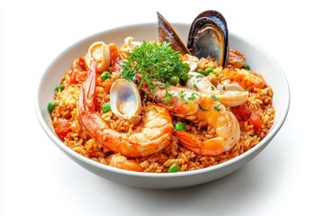 A flavorful and aromatic Seafood Jambalaya with shrimp, clams, mussels, and rice, served in a white bowl. A perfect dish for a seafood lover!