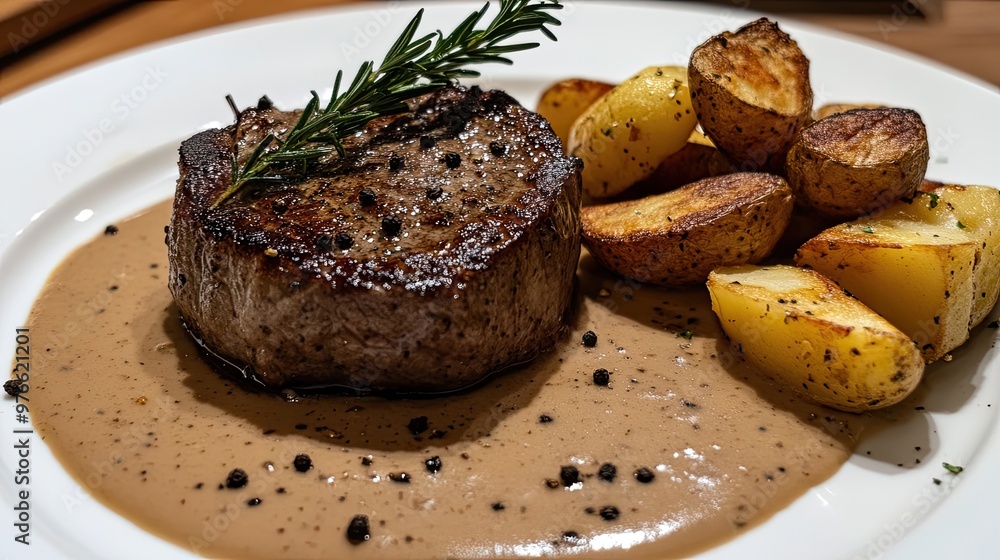 Wall mural filet mignon steak with a peppercorn sauce and a side of roasted potatoes.