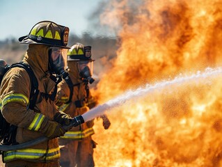 Naklejka premium Brave firefighters in protective gear actively battling a large, intense blaze with a powerful water stream, concept for emergency services, safety training and disaster response
