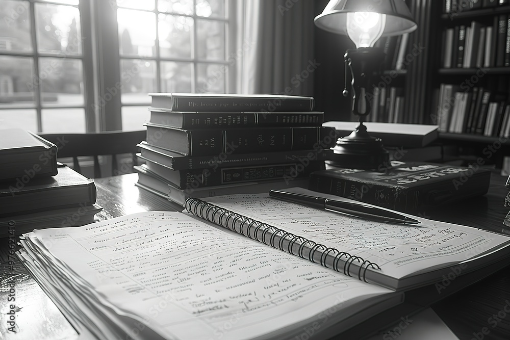 Poster a desk with a bookcase and a desk with a notebook and pen