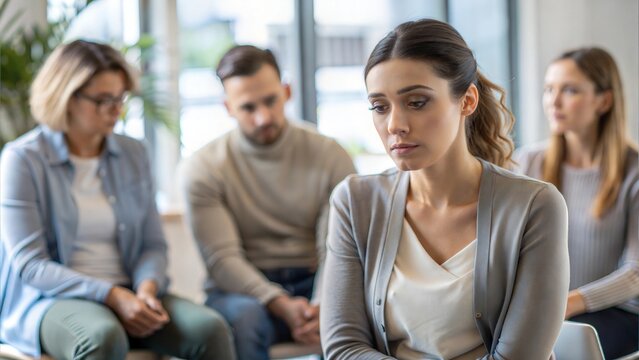 Upset Woman Sitting Quietly in Group Session