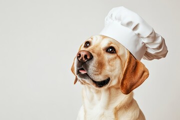 A golden Labrador Retriever wearing a white chef hat, looking up with an inquisitive expression. This adorable dog is ready to cook up some fun and delicious treats.