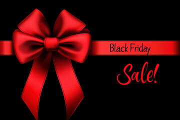 Red ribbons for black friday sale text on black background. Crossed ribbons. Big sale.