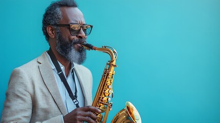 Fototapeta premium A Passionate Saxophonist Bringing Joy and Rhythm to Life Against a Vibrant Blue Background. Man and Music Concept