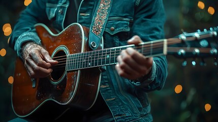 Obraz premium A Talented Musician Strums Happiness on His Guitar Amidst Glowing Lights and a Beautiful Atmosphere. Man and Music Concept