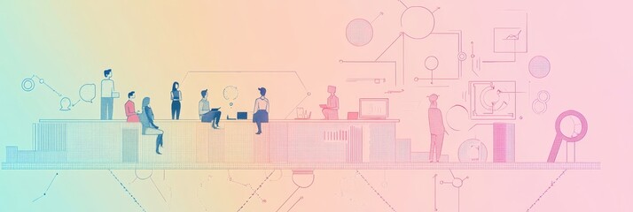 Fototapeta premium A group of business professionals collaborate, strategizing and discussing the integration of AI into their business. The image represents innovation, collaboration, and the future of technology.