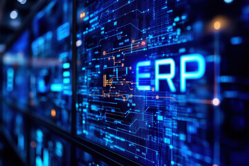 Obraz premium Enterprise resource planning (ERP) text on blue screen board background.