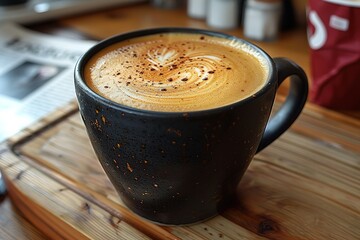 A mug of coffee with a newspaper on the table