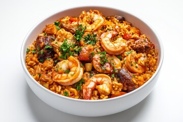 A hearty and flavorful bowl of Seafood Jambalaya featuring plump shrimp, savory rice, and colorful vegetables, perfect for a satisfying meal.