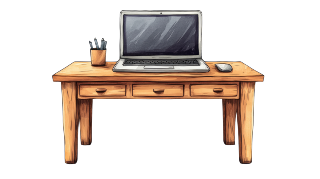 laptop and desk isolated on white background 