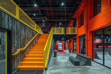 A yellow staircase leads to a red room with a bench and a ramp