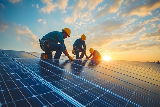 Team of engineers and technicians working on photovoltaic solar power plant