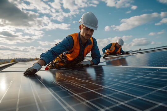 Team of engineers and technicians working on photovoltaic solar power plant