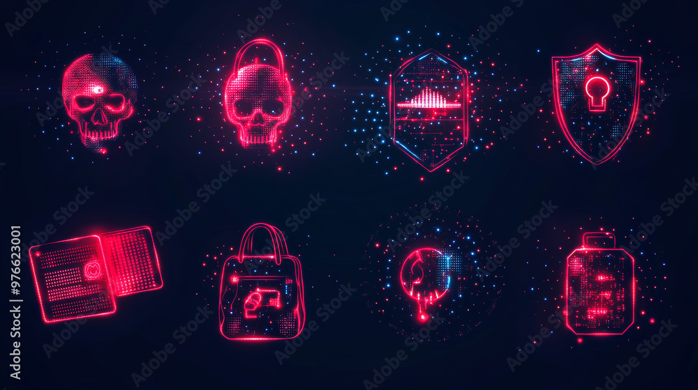 Poster abstract digital hacker icon collection in a futuristic glowing dot style. features include a skull,