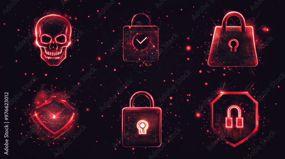Poster abstract digital hacker icon collection in a futuristic glowing dot style. features include a skull,