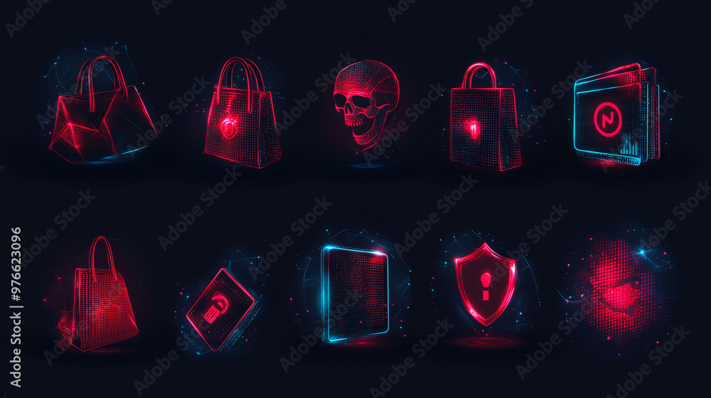 Poster abstract digital hacker icon collection in a futuristic glowing dot style. features include a skull,