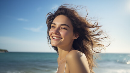 Young woman smiling brightly at the beach.