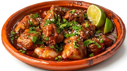 Fototapeta premium Authentic mexican adobo chicken garnished with fresh cilantro and lime