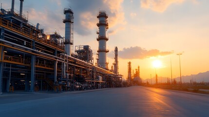 A large petrochemical plant in China captured at sunset, highlighting the industrial landscape with towering structures and pipelines.
