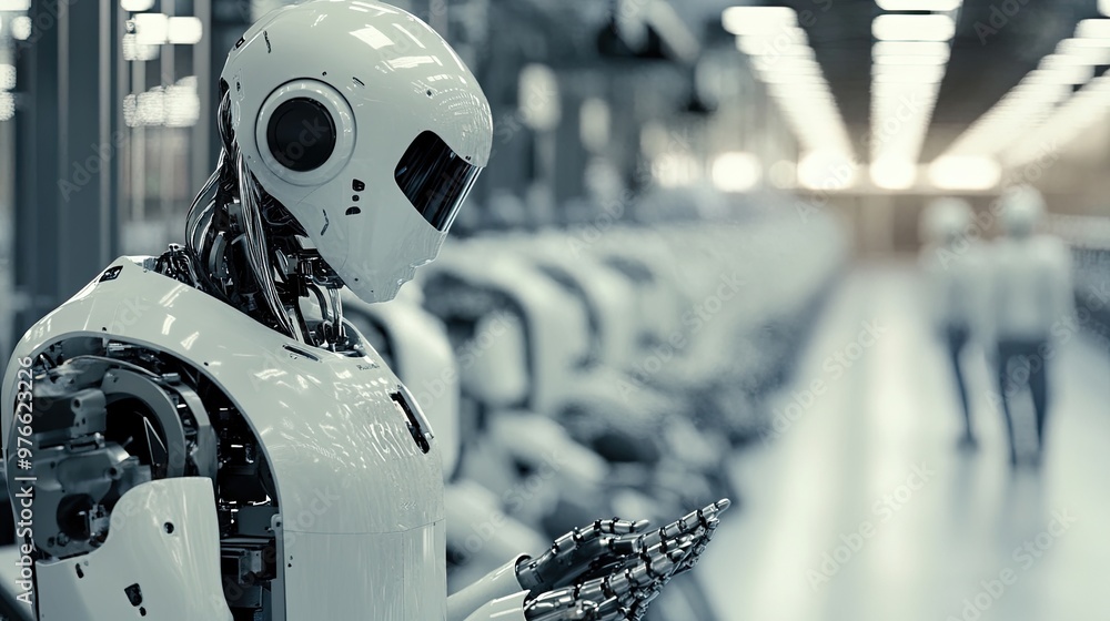 Poster robot working alongside a human in a factory, showcasing automation.
