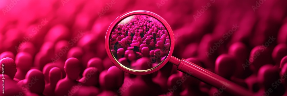 Poster a magnifying glass focuses on a cluster of pink objects, revealing intricate details hidden within a