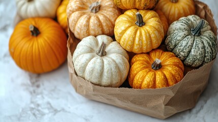 Small orange and grey pumpkins spilling from brown paper bag