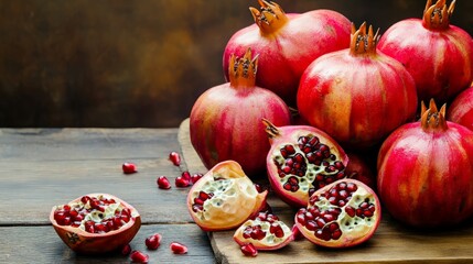Ripe Pomegranates on Wooden Table