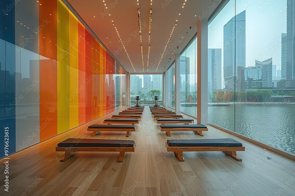 Poster a large room with a view of the city and a row of exercise mats