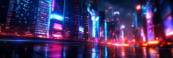 Fototapeta premium A mesmerizing futuristic cityscape featuring sleek, minimalist buildings adorned with vibrant neon lights, reflecting in a wet, glistening street. This image symbolizes urban innovation, technological
