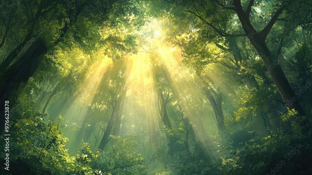 Poster sunbeams filtering through a dense forest canopy.