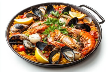 A mouthwatering paella dish featuring fresh seafood, including mussels, clams, shrimp, and squid, all cooked to perfection. This vibrant Spanish dish is a feast for the senses, with its colorful ingre