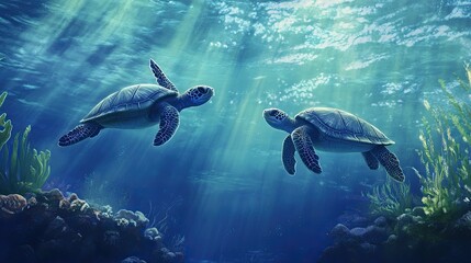 Fototapeta premium Underwater scene with sea turtles swimming gracefully