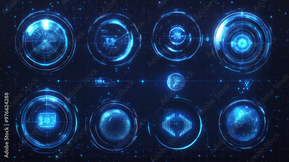 Poster blue geometric dome shields with a transparent background. features a futuristic glowing 3d cyber sp