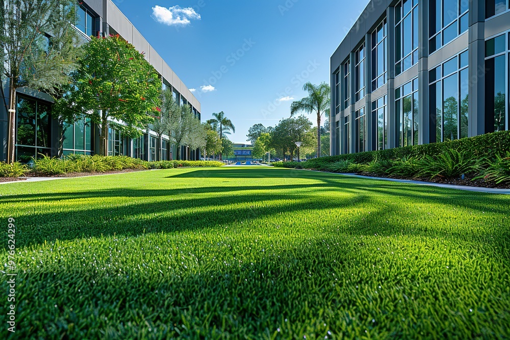 Poster a large grassy area in front of a building with a palm tree in the background