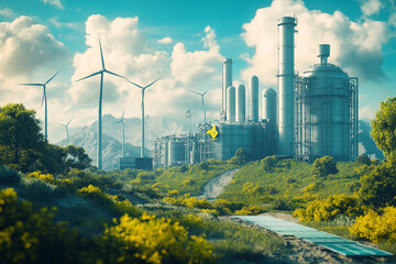 Obraz premium Futuristic eco-friendly factory with wind turbines in a vibrant natural landscape.