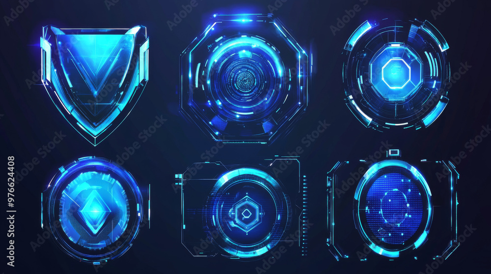 Poster blue geometric dome shields with a transparent background. features a futuristic glowing 3d cyber sp
