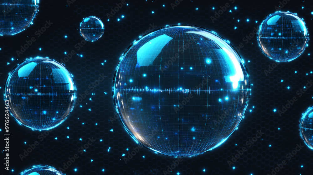 Poster blue geometric dome shields with a transparent background. features a futuristic glowing 3d cyber sp
