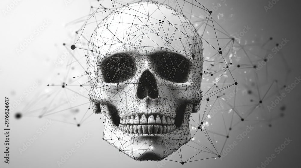 Poster a grey skull is depicted with polygonal lines on an abstract background. the skull is designed in a 
