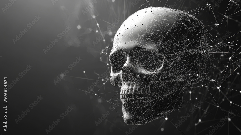 Poster a grey skull is depicted with polygonal lines on an abstract background. the skull is designed in a 