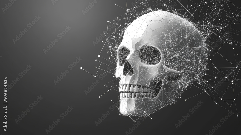 Poster a grey skull is depicted with polygonal lines on an abstract background. the skull is designed in a 