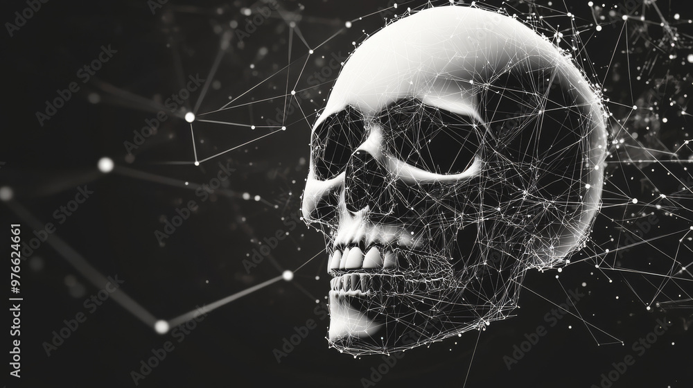 Poster a grey skull is depicted with polygonal lines on an abstract background. the skull is designed in a 