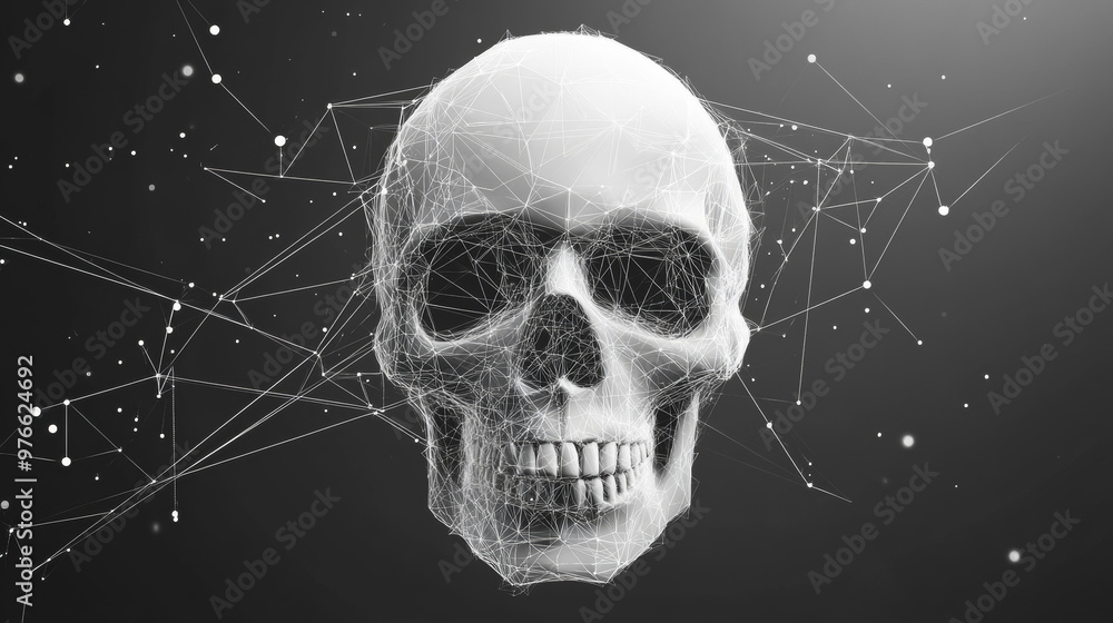 Poster a grey skull is depicted with polygonal lines on an abstract background. the skull is designed in a 