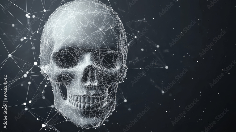 Poster a grey skull is depicted with polygonal lines on an abstract background. the skull is designed in a 