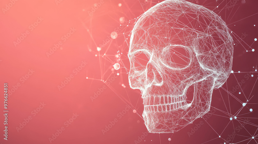 Poster a grey skull is depicted with polygonal lines on an abstract background. the skull is designed in a 