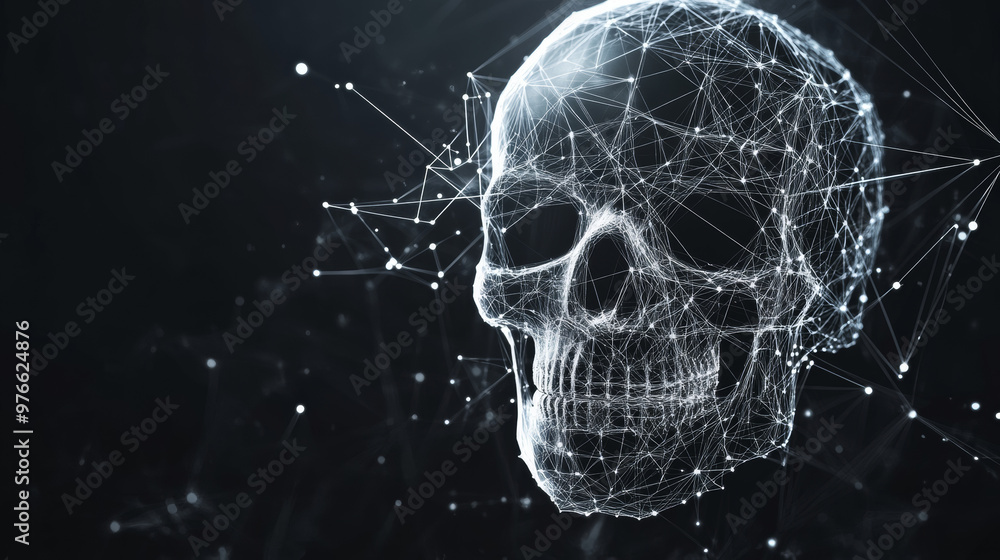 Poster a grey skull is depicted with polygonal lines on an abstract background. the skull is designed in a 