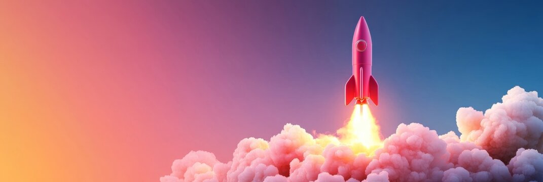 A pink rocket blasts off into a bright pink and orange sky, symbolizing growth, success, innovation, and a new beginning.