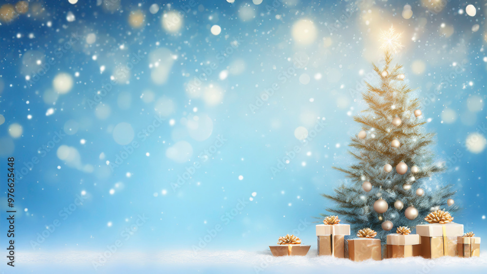 Poster Christmas background with Christmas tree and gift boxes on snow with bokeh effect