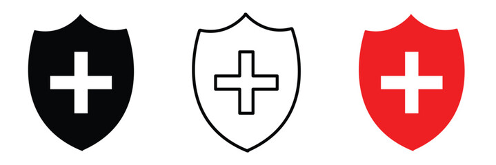Health shield icons. Health protection symbols. Safety medicine. Immune system icon. Medical cross in the shield. Vector illustration in eps 10.